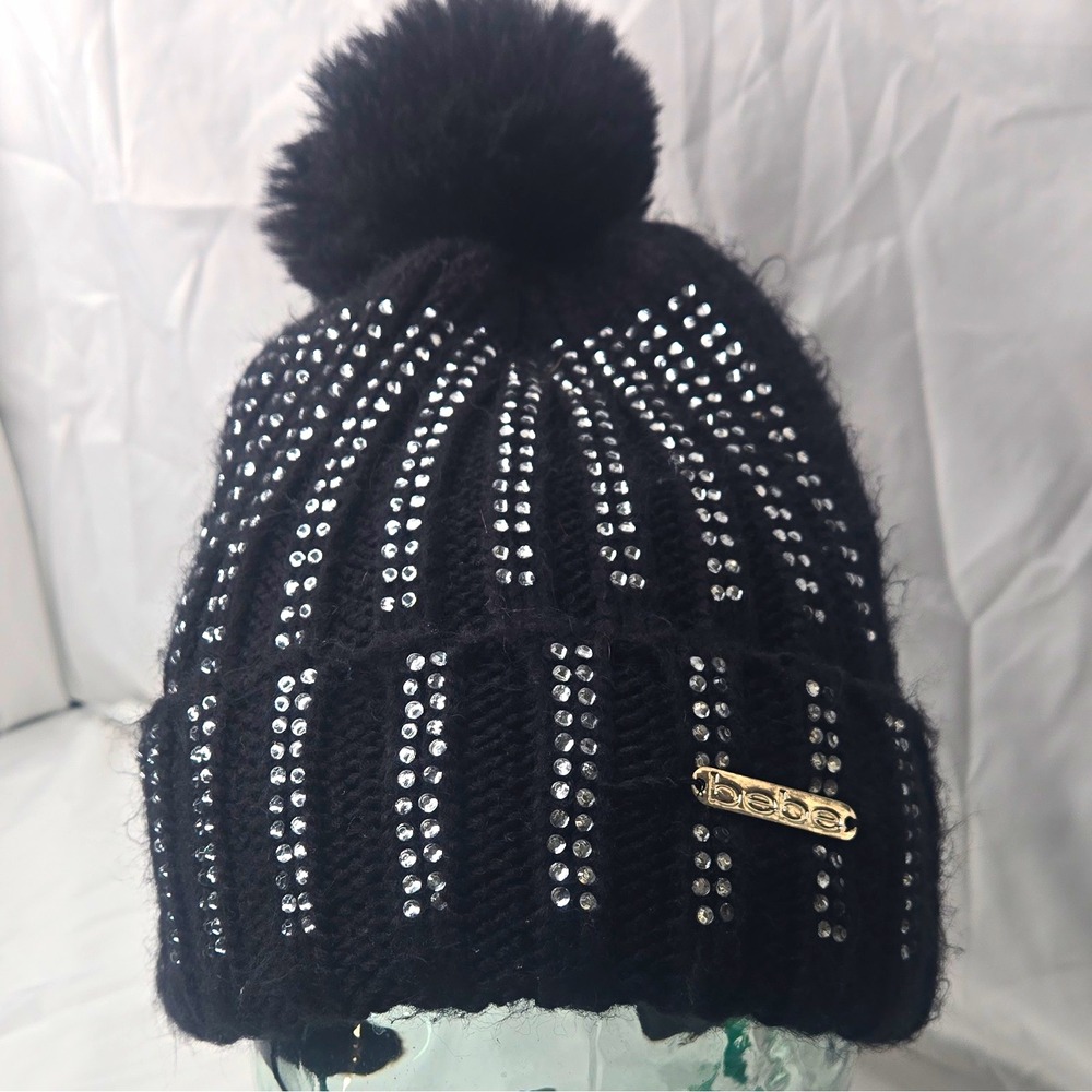 bebe Black Knit Beanie Hat w/ Pom-Pom Rhinestone Logo Accents Women One Size